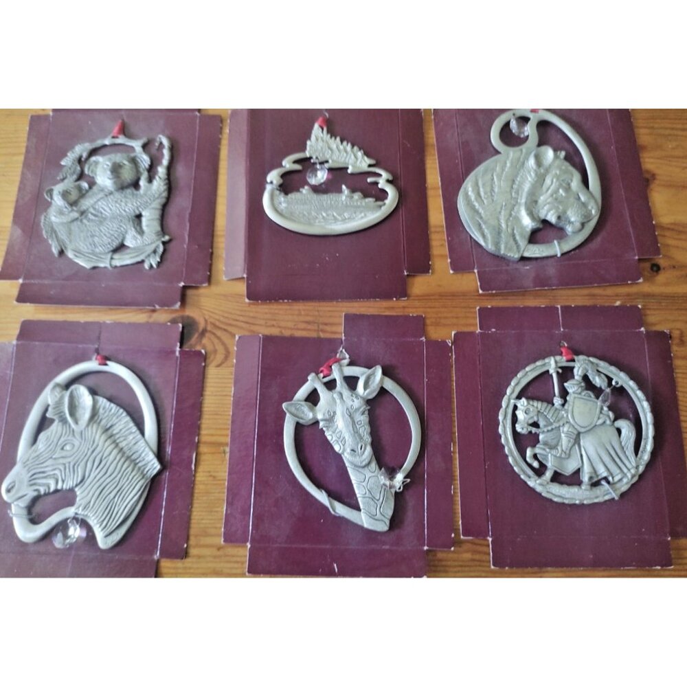 Vintage Pewter Hanging Animal Ornaments set of six signed "Glenda"